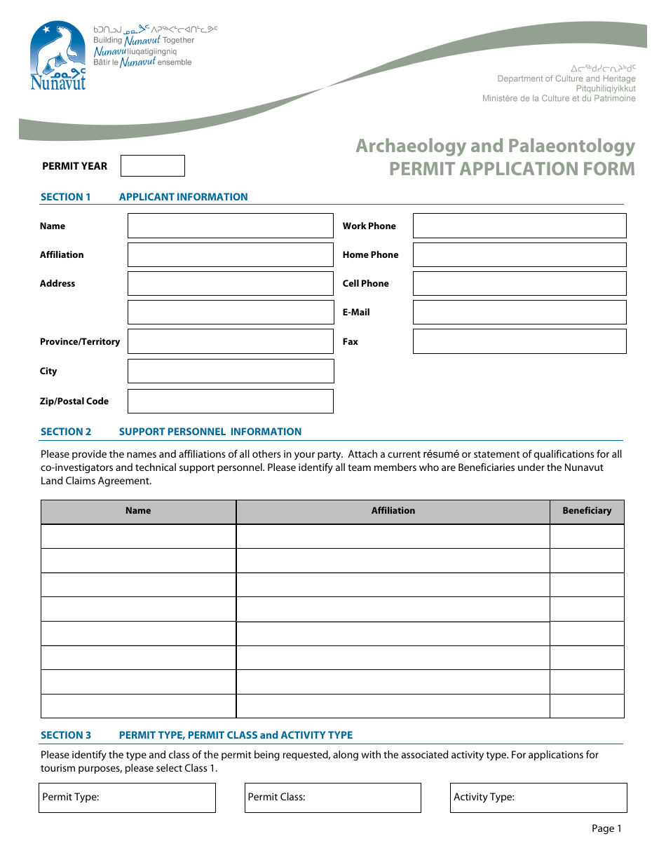 Archeology and Palaeontology Permit Application Form - Nunavut, Canada, Page 1