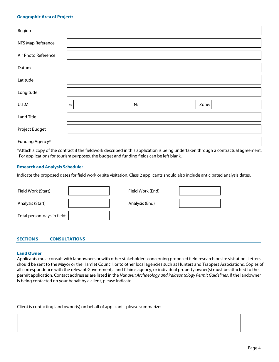 Archeology and Palaeontology Permit Application Form - Nunavut, Canada, Page 4