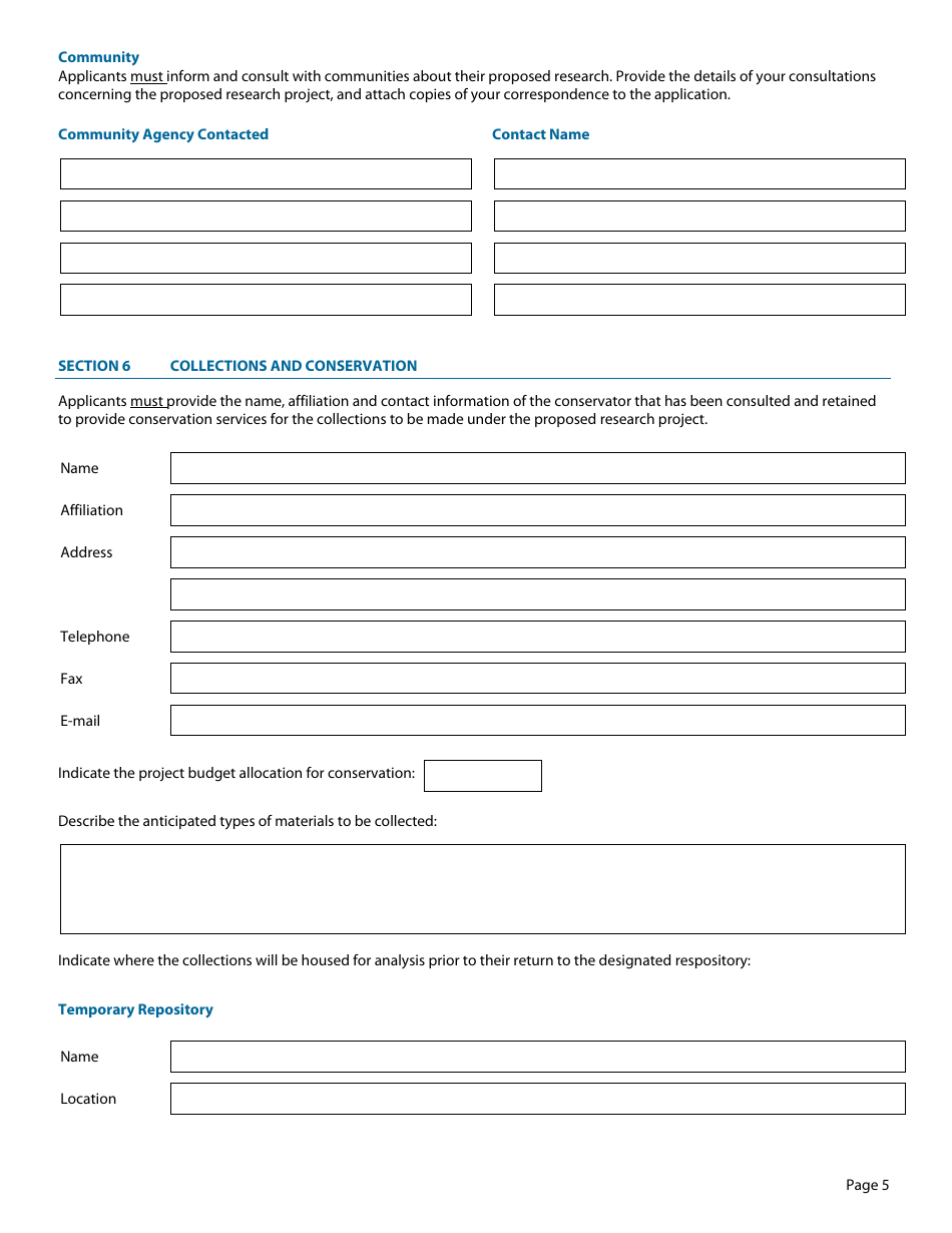 Archeology and Palaeontology Permit Application Form - Nunavut, Canada, Page 5