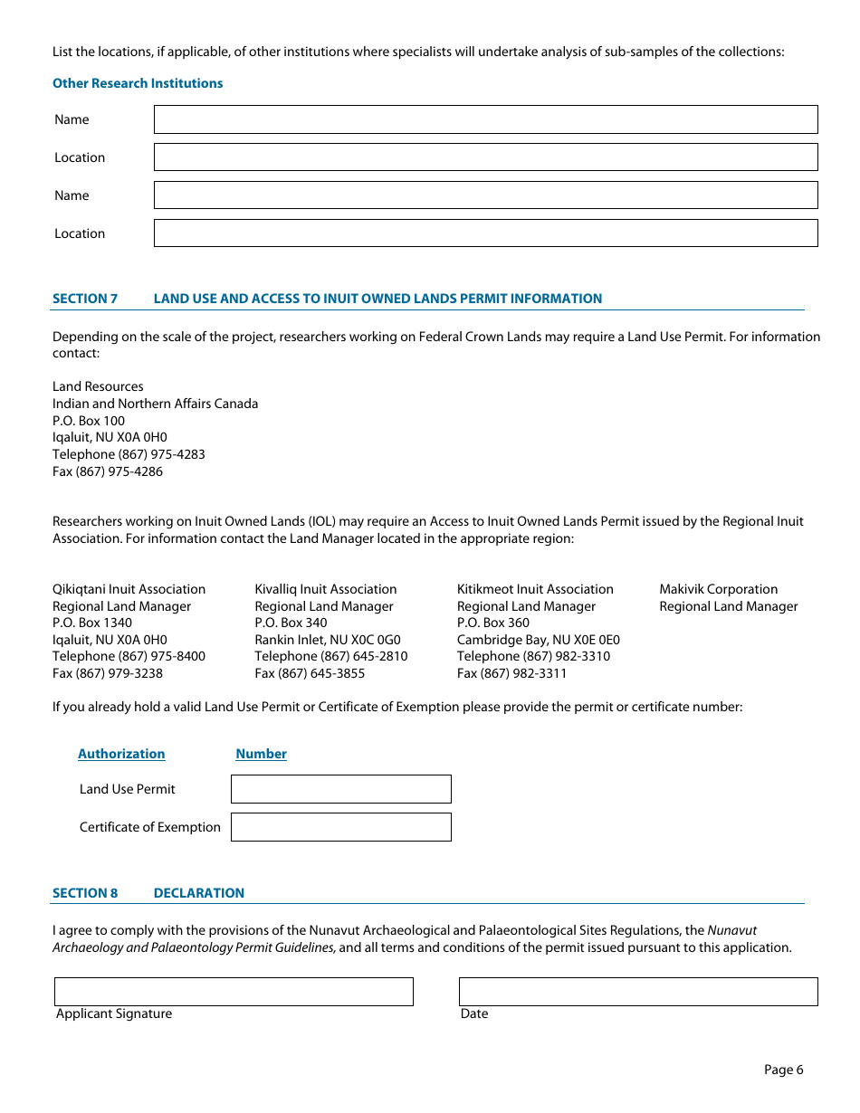 Archeology and Palaeontology Permit Application Form - Nunavut, Canada, Page 6