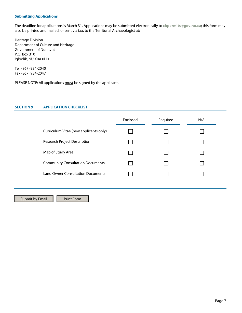 Archeology and Palaeontology Permit Application Form - Nunavut, Canada, Page 7