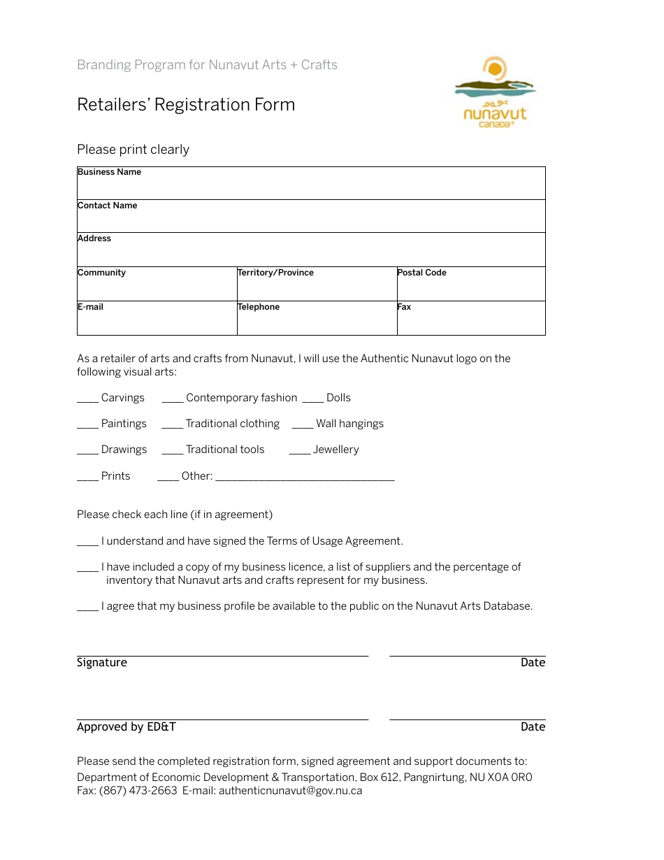 Retailers Registration Form - Nunavut, Canada (English / Inuktitut), Page 1