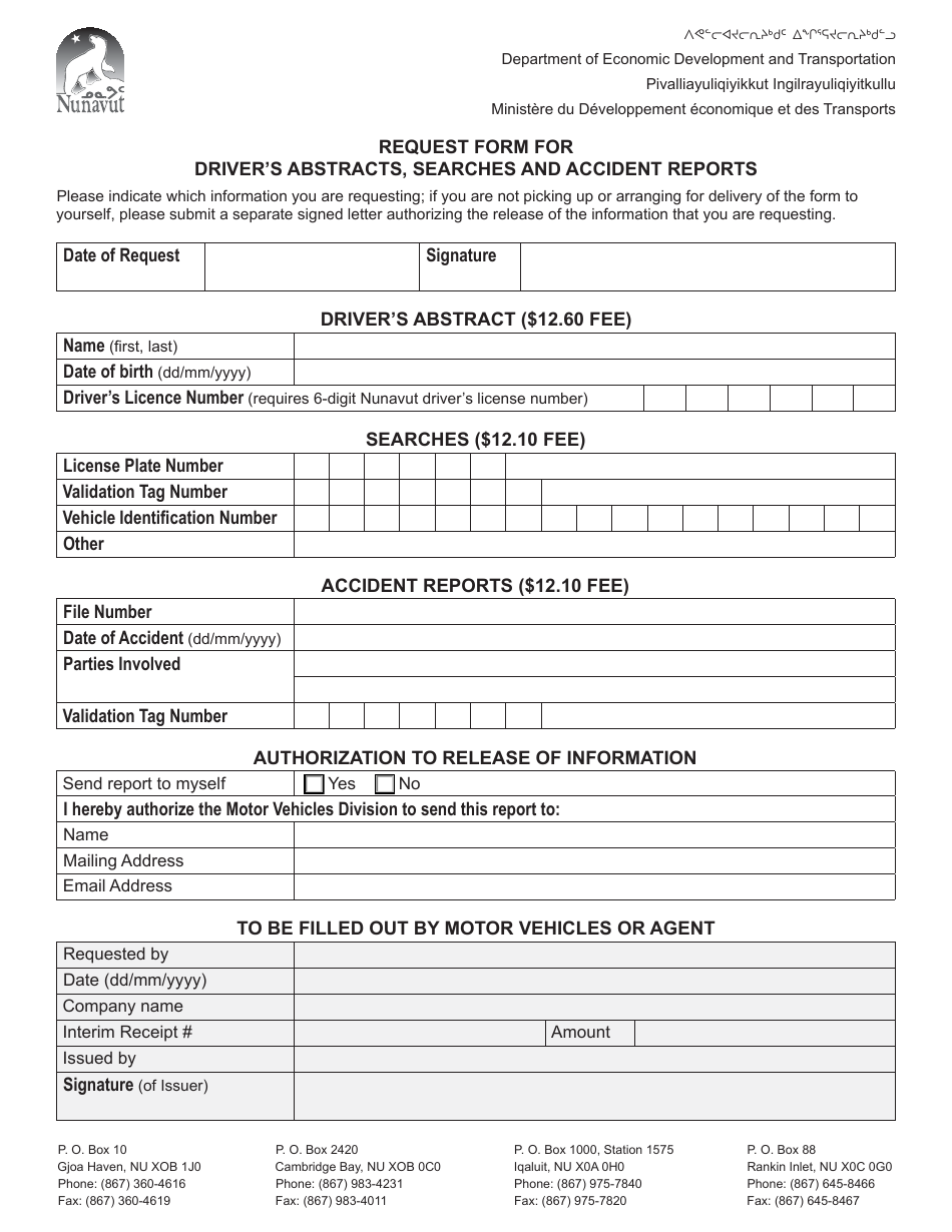Request Form for Drivers Abstracts, Searches and Accident Reports - Nunavut, Canada, Page 1