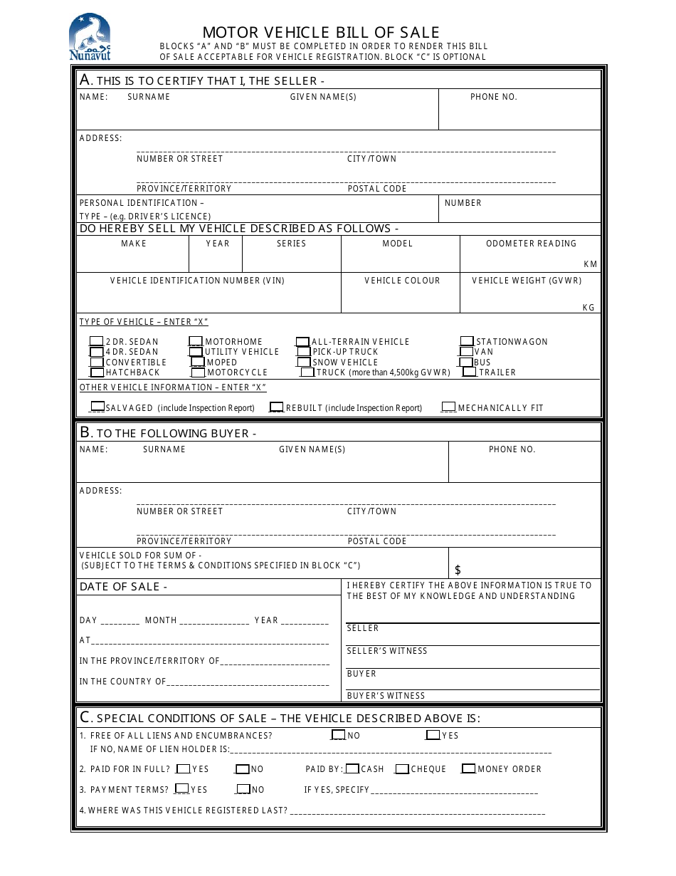 Nunavut Canada Motor Vehicle Bill of Sale - Fill Out, Sign Online and