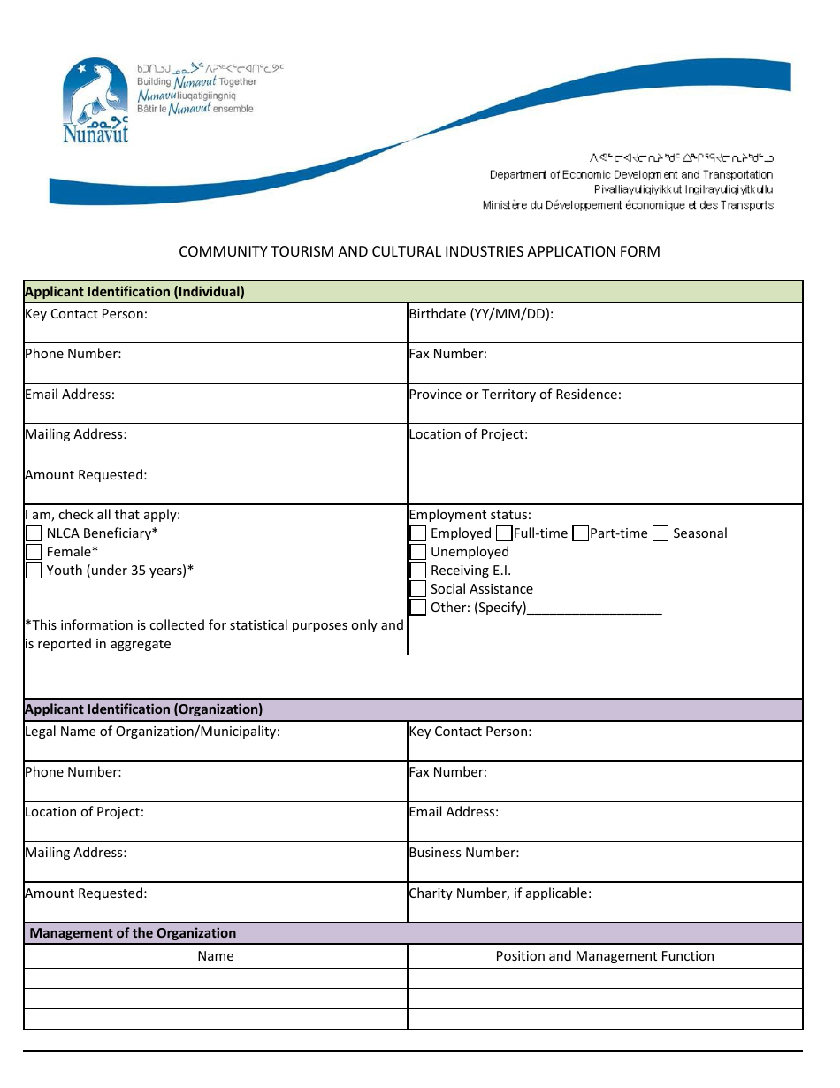 Community Tourism and Cultural Industries Application Form - Nunavut, Canada, Page 1