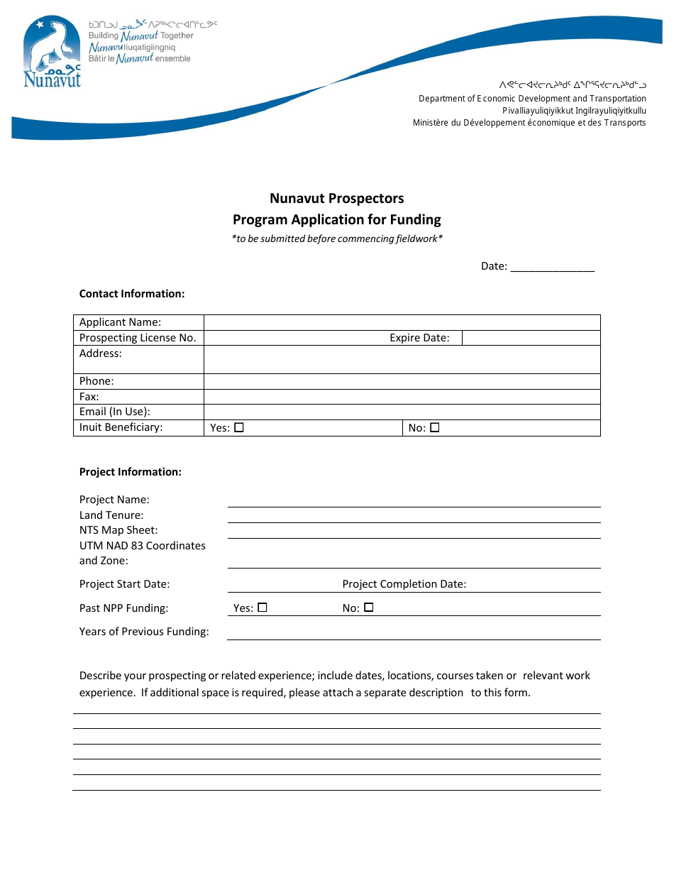 Nunavut Prospectors Program Application for Funding - Nunavut, Canada, Page 1
