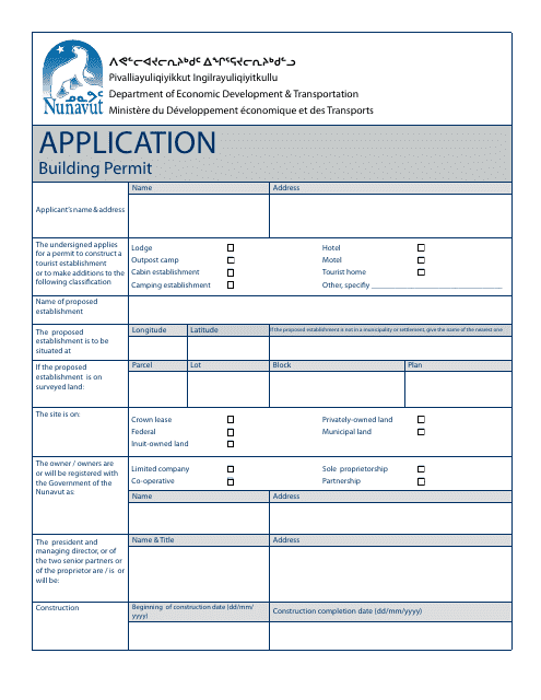 Building Permit Application - Nunavut, Canada