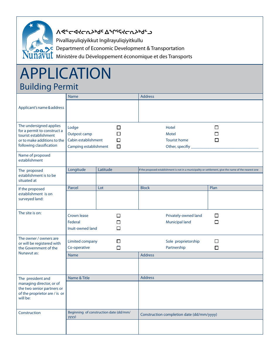 Building Permit Application - Nunavut, Canada, Page 1