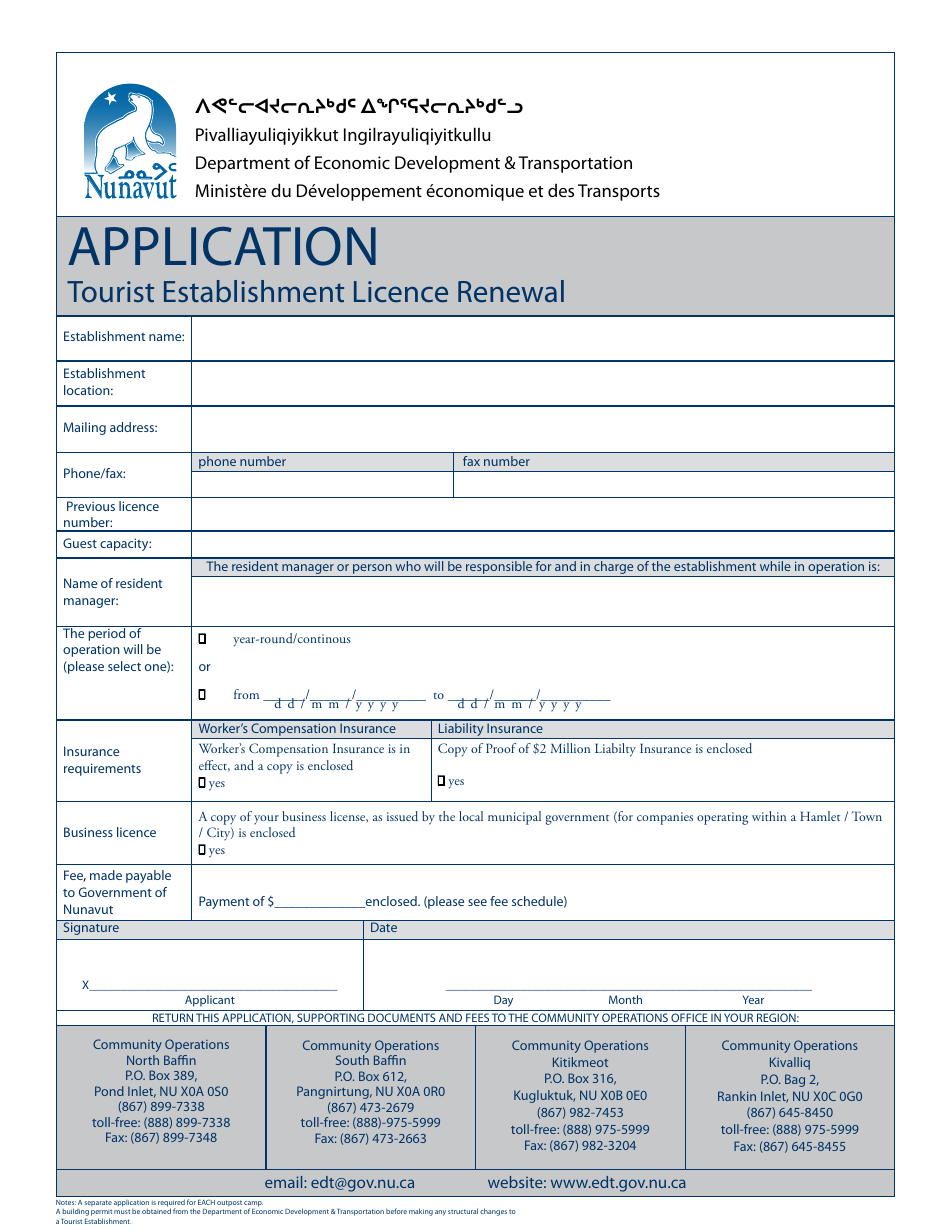 Tourist Establishment Licence Renewal Application - Nunavut, Canada, Page 1