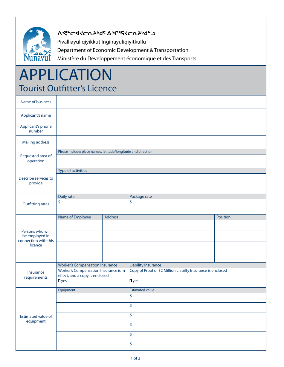 Tourist Outfitters Licence Application - Nunavut, Canada, Page 1