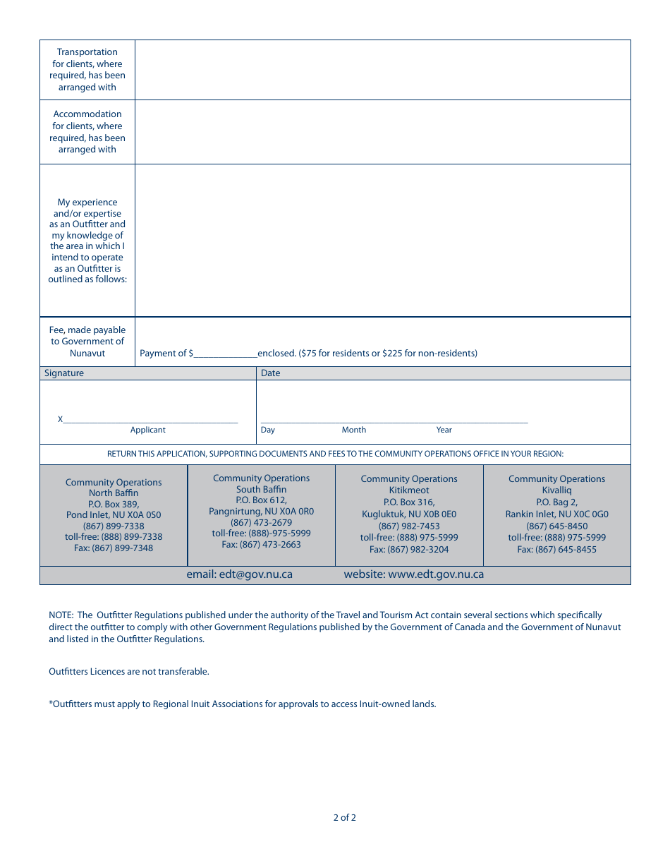 Tourist Outfitters Licence Application - Nunavut, Canada, Page 2