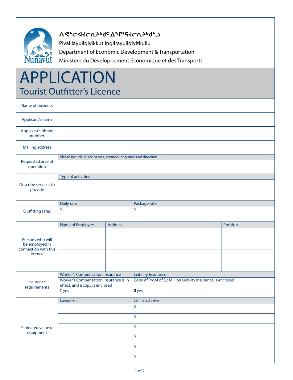 Nunavut Canada Tourist Outfitter's Licence Application - Fill Out, Sign ...