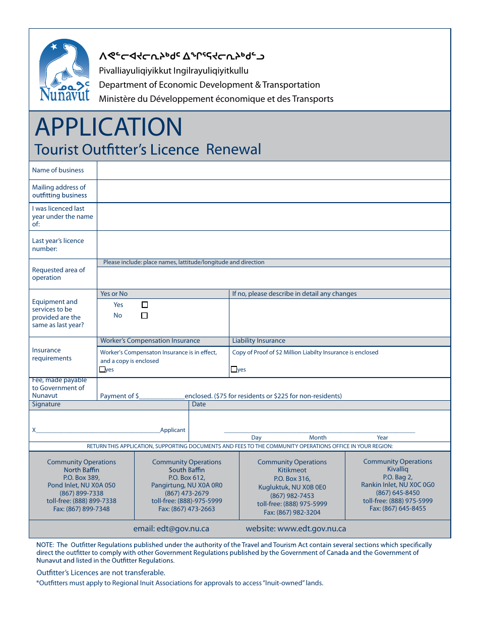 Tourist Outfitters Licence Renewal Application - Nunavut, Canada, Page 1