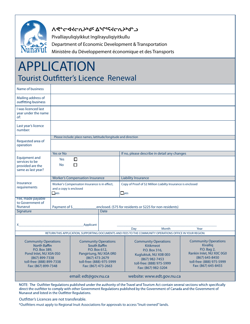 Nunavut Canada Tourist Outfitter's Licence Renewal Application - Fill ...