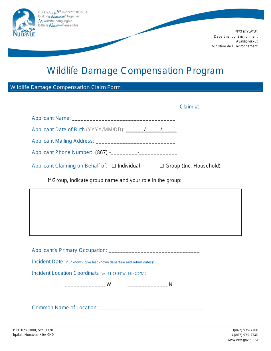 Wildlife Damage Compensation Claim Form - Nunavut, Canada, Page 1
