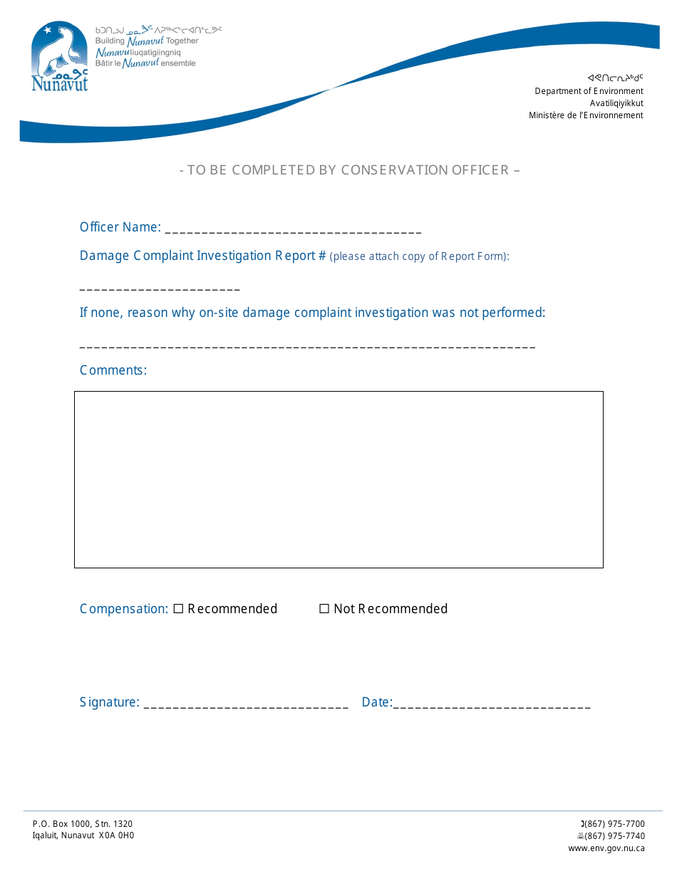 Wildlife Damage Compensation Claim Form - Nunavut, Canada, Page 3