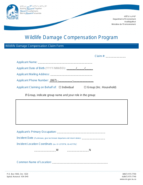 Wildlife Damage Compensation Claim Form - Nunavut, Canada