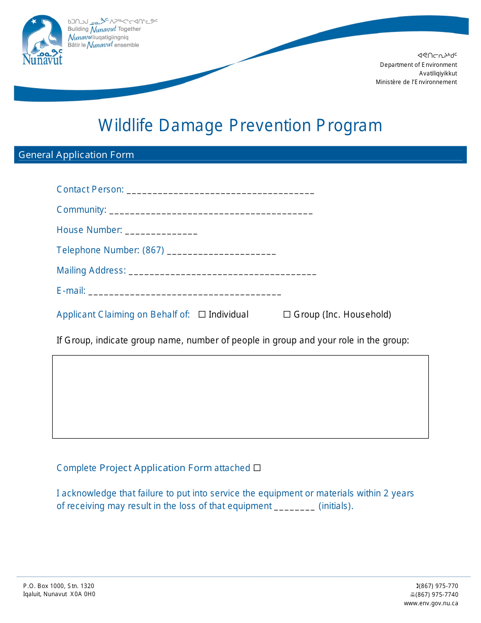 Wildlife Damage Prevention Program General Application Form - Nunavut, Canada, Page 1