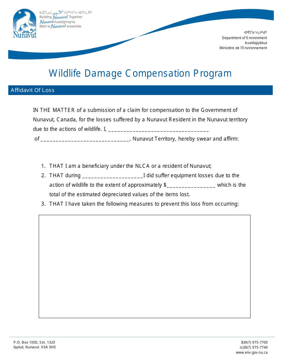 Wildlife Damage Compensation Program Affidavit of Loss - Nunavut, Canada, Page 1