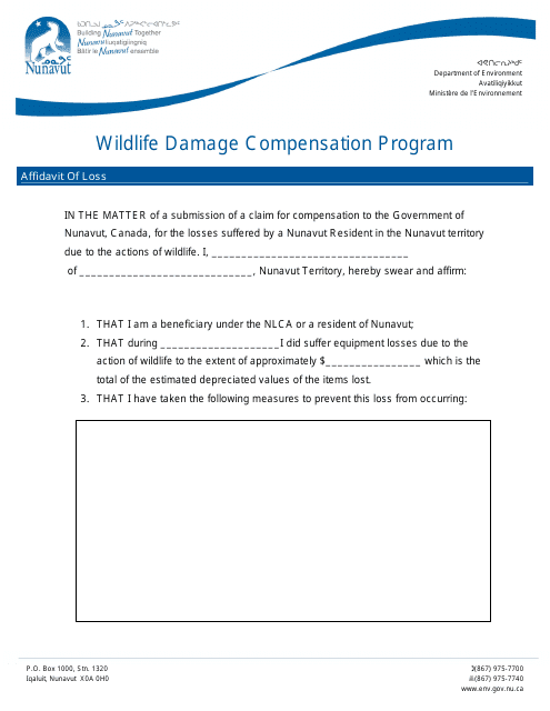 Wildlife Damage Compensation Program Affidavit of Loss - Nunavut, Canada