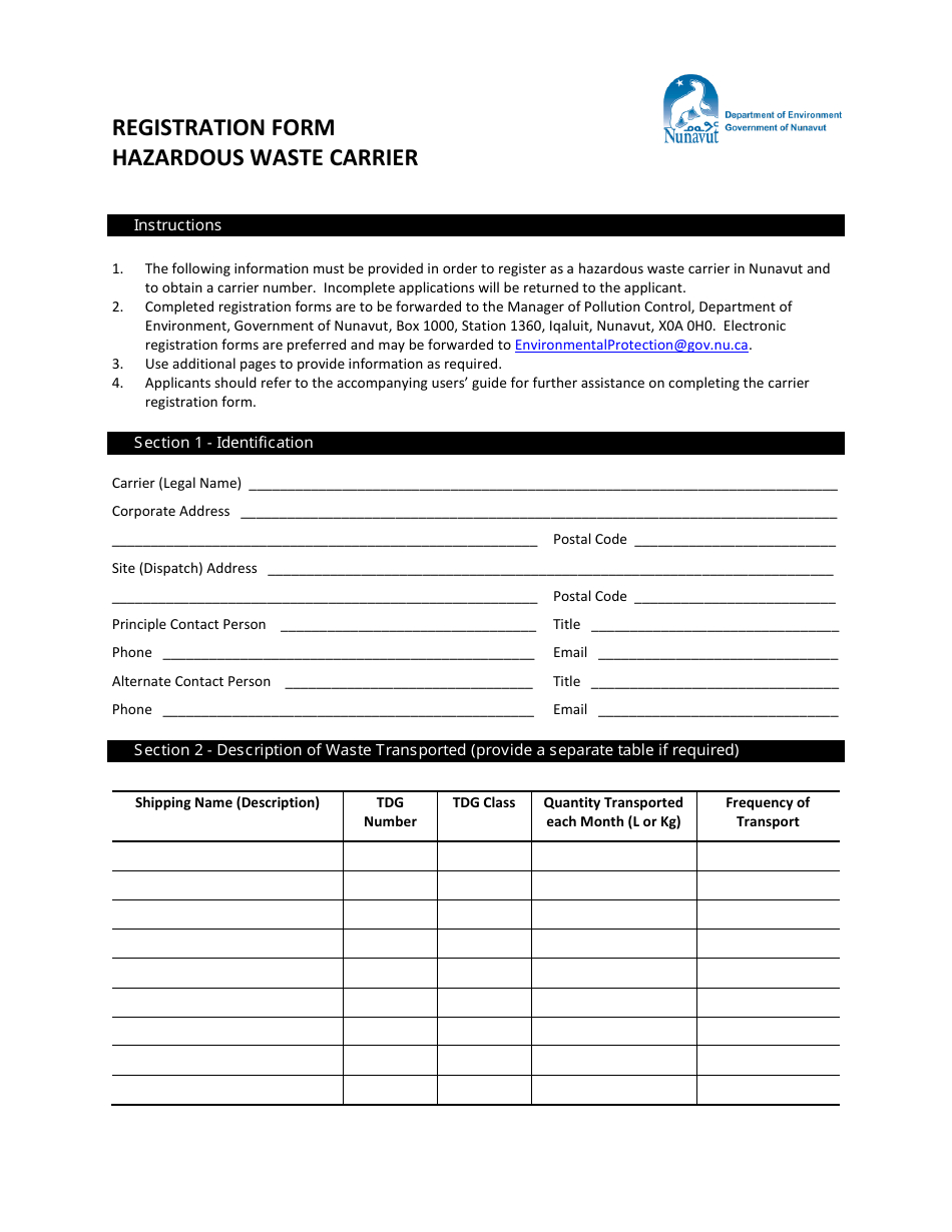 Registration Form for Hazardous Waste Carrier - Nunavut, Canada, Page 1
