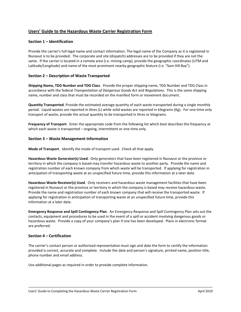 Registration Form for Hazardous Waste Carrier - Nunavut, Canada, Page 3