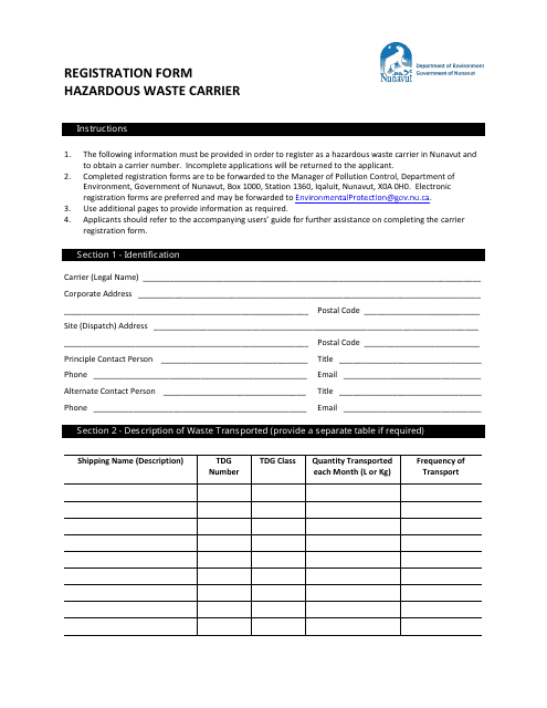 Registration Form for Hazardous Waste Carrier - Nunavut, Canada