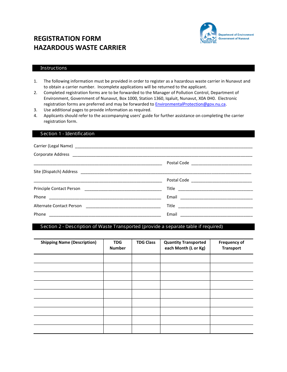 Nunavut Canada Registration Form for Hazardous Waste Carrier Fill Out