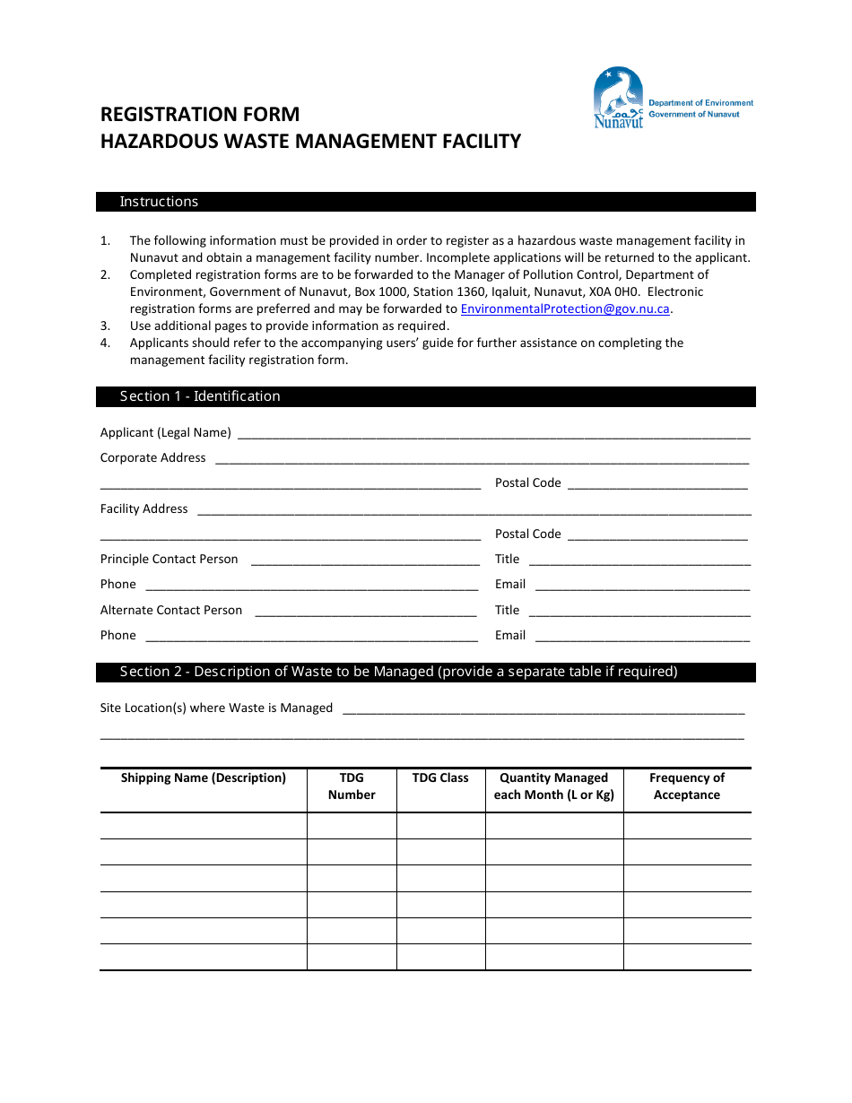 Registration Form Hazardous Waste Management Facility - Nunavut, Canada, Page 1