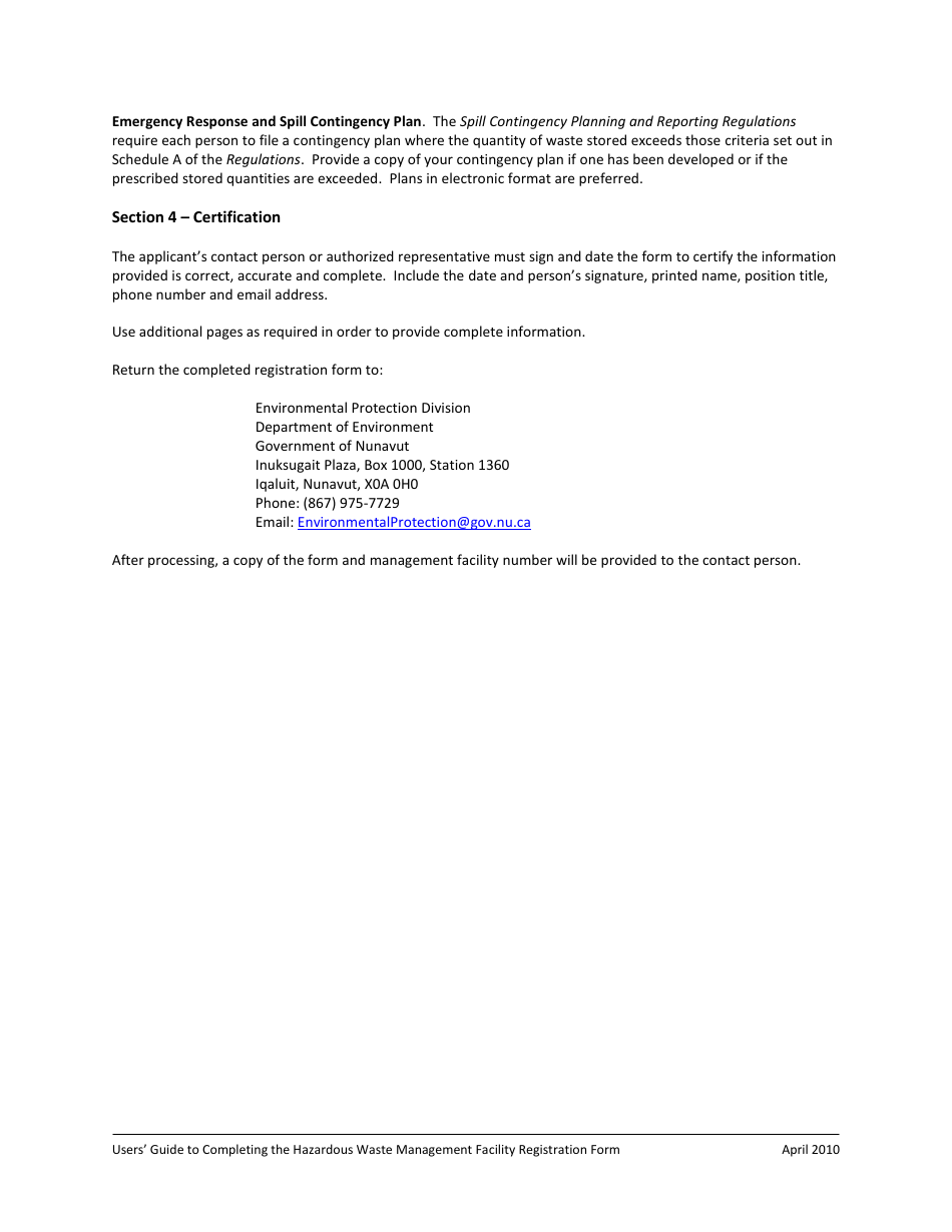 Registration Form Hazardous Waste Management Facility - Nunavut, Canada, Page 4