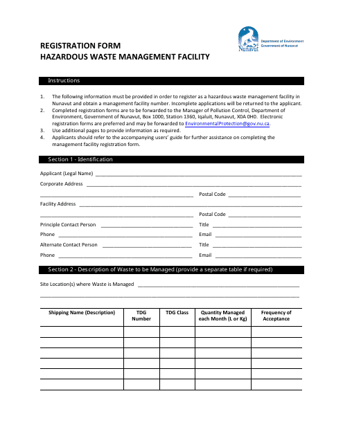 Registration Form Hazardous Waste Management Facility - Nunavut, Canada