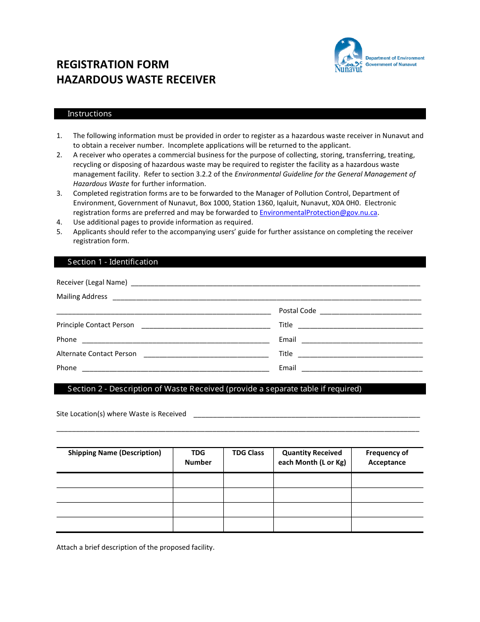 Registration Form for Hazardous Waste Receiver - Nunavut, Canada, Page 1