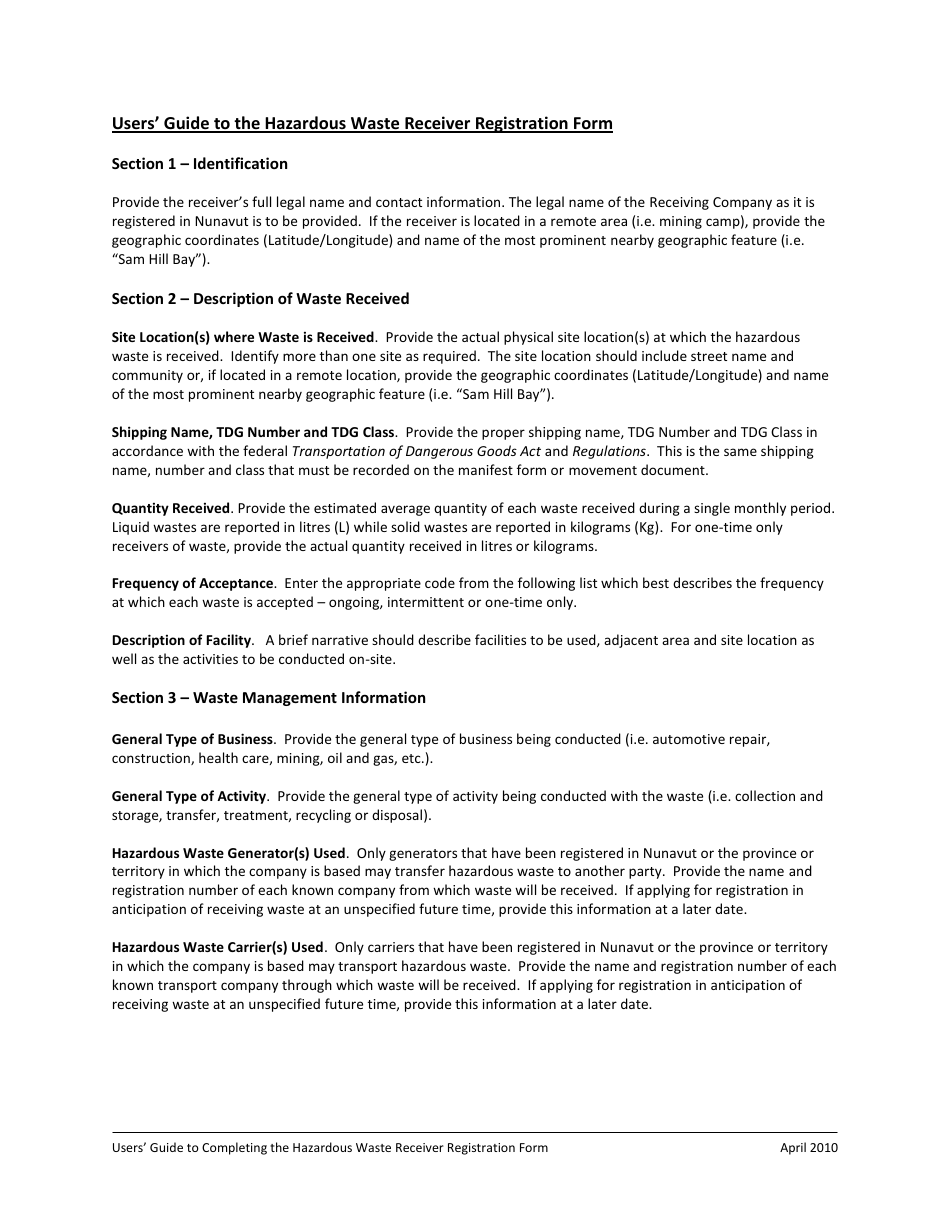 Registration Form for Hazardous Waste Receiver - Nunavut, Canada, Page 3