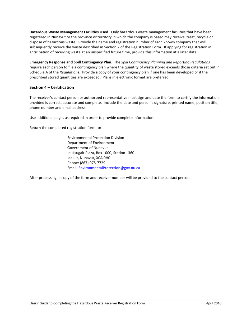 Registration Form for Hazardous Waste Receiver - Nunavut, Canada, Page 4