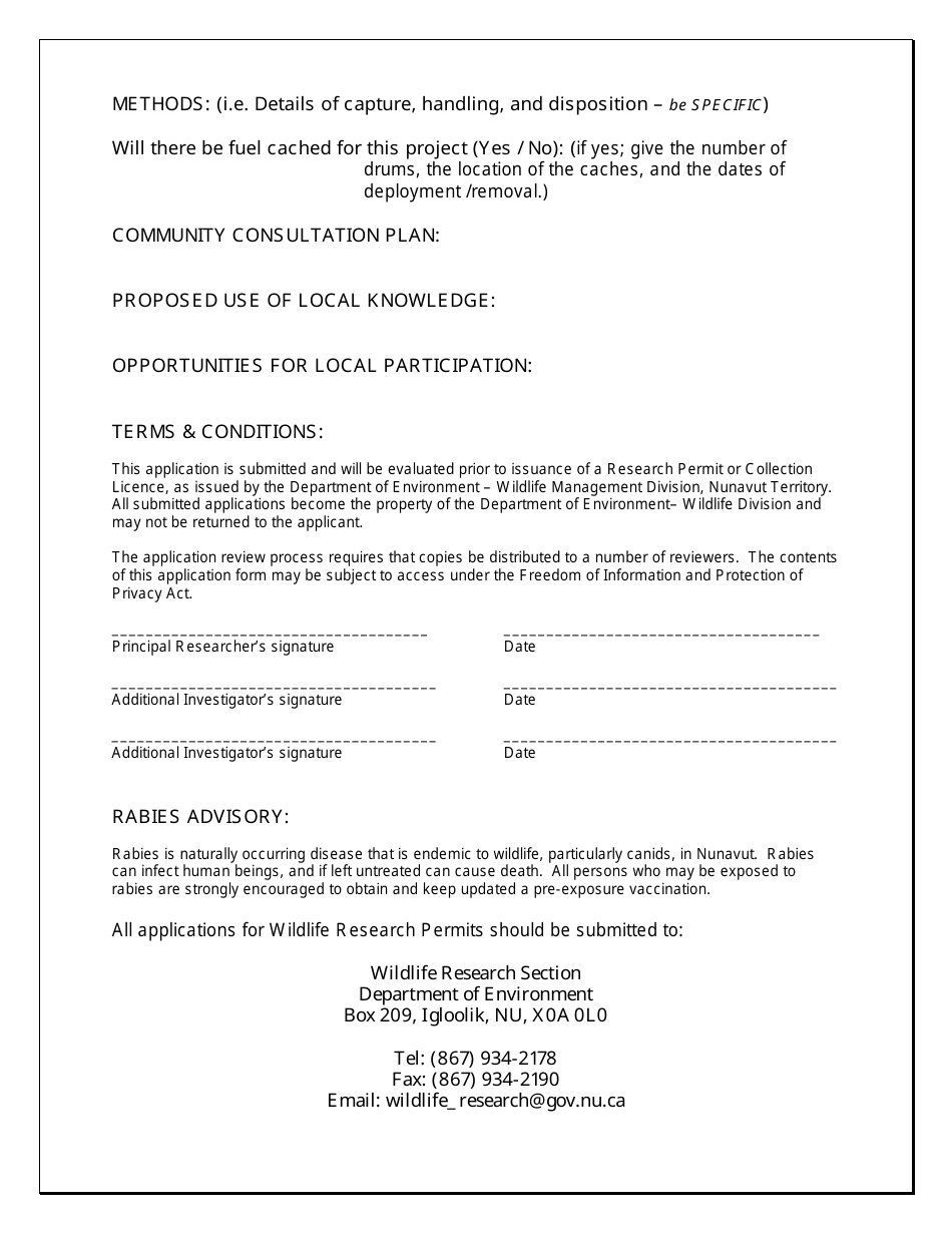 Wildlife Research Permit Application Form - Nunavut, Canada, Page 2
