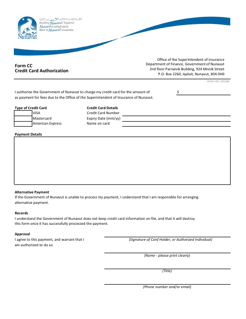 Form CC Credit Card Authorization - Nunavut, Canada