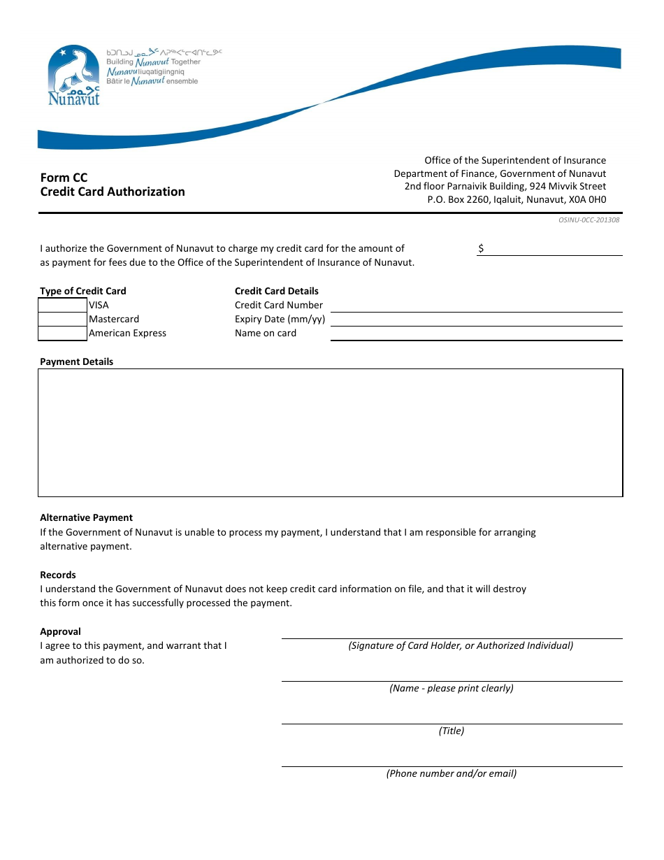 Form CC Credit Card Authorization - Nunavut, Canada, Page 1