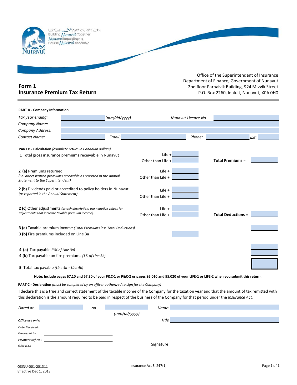 Form 1 Insurance Premium Tax Return - Nunavut, Canada, Page 1