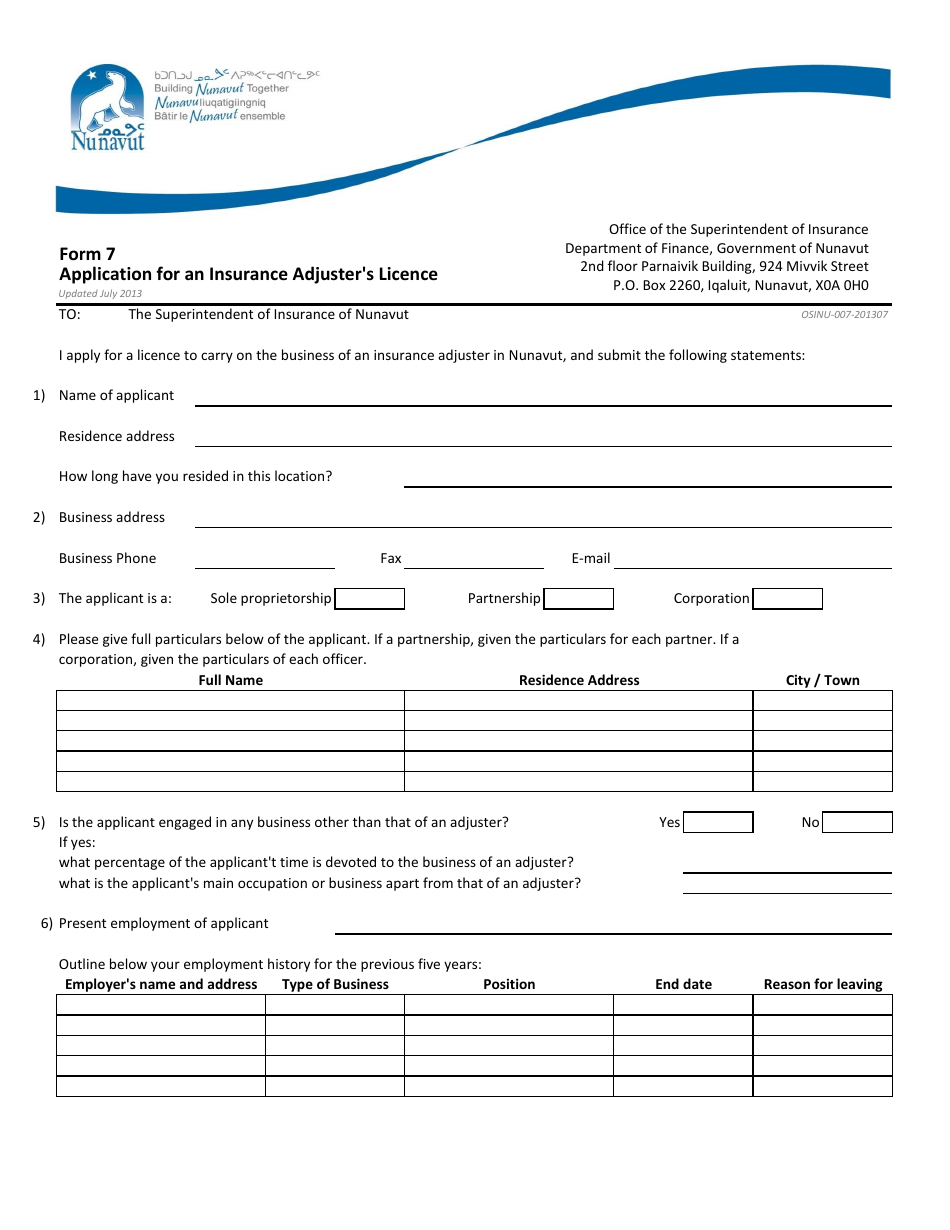 Form 7 Application for an Insurance Adjuster's Licence - Nunavut, Canada, Page 1