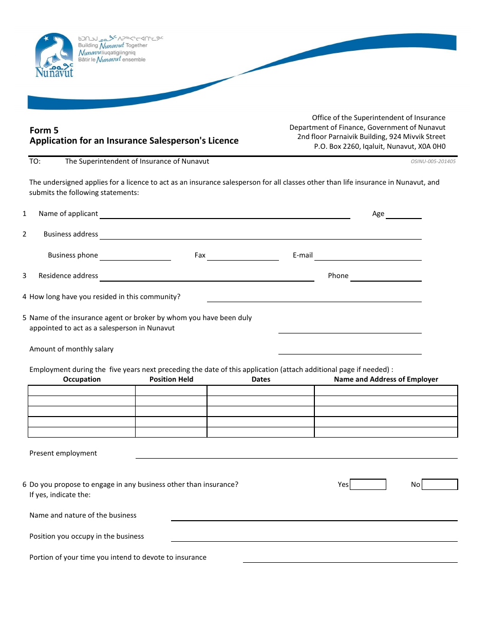 Form 5 Application for an Insurance Salesperson's Licence - Nunavut, Canada, Page 1