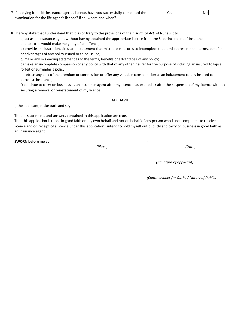 Form 5 Application for an Insurance Salespersons Licence - Nunavut, Canada, Page 2