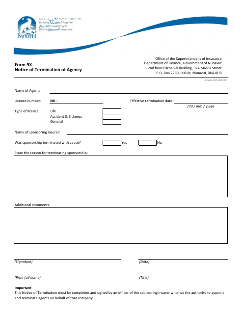 Form 9X Notice of Termination of Agency - Nunavut, Canada