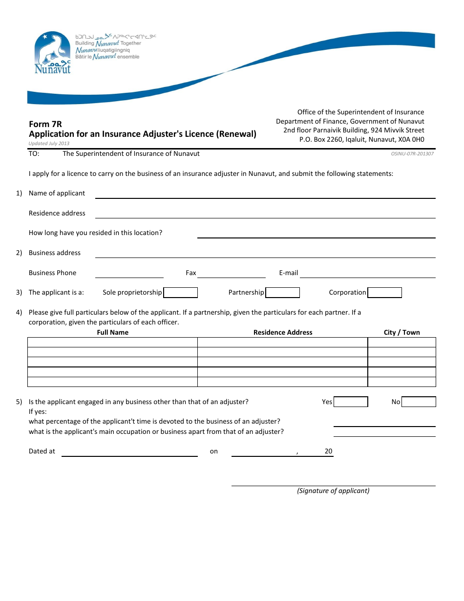 Form 7R Application for an Insurance Adjuster's Licence (Renewal) - Nunavut, Canada, Page 1