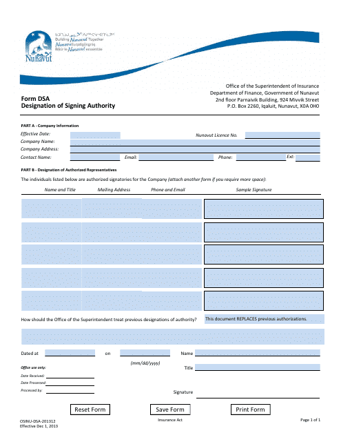Form DSA Designation of Signing Authority - Nunavut, Canada