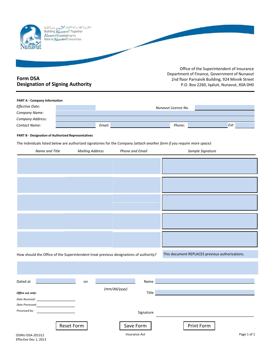 Form DSA Designation of Signing Authority - Nunavut, Canada, Page 1