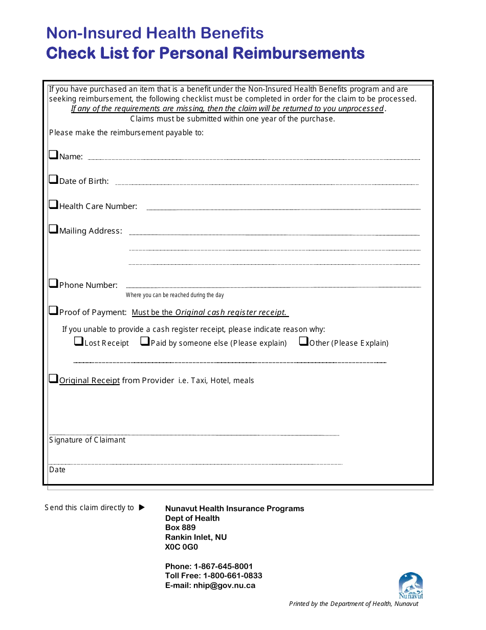 Nunavut Canada Noninsured Health Benefits Check List for Personal