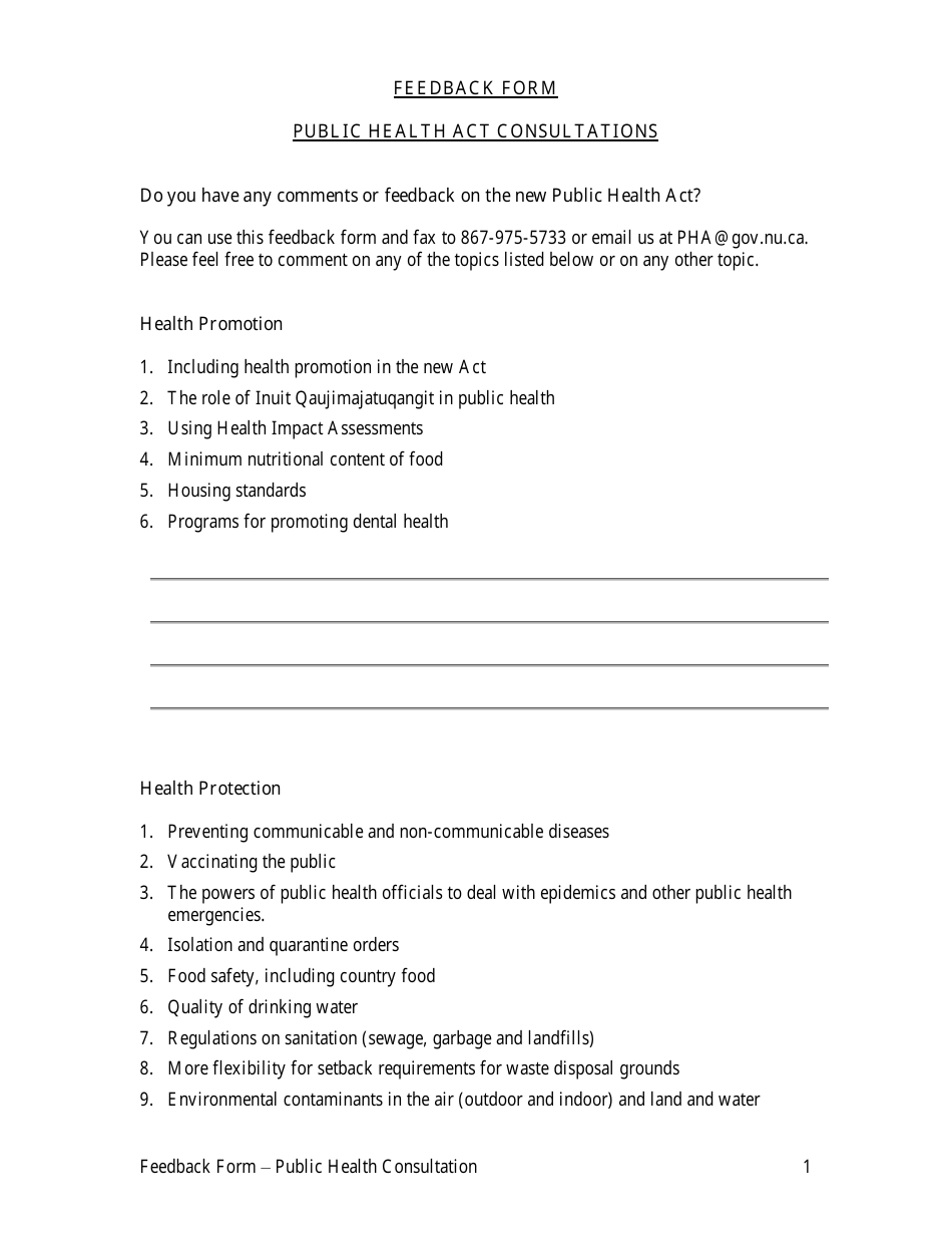 Feedback Form - Public Health Act Consultations - Nunavut, Canada, Page 1