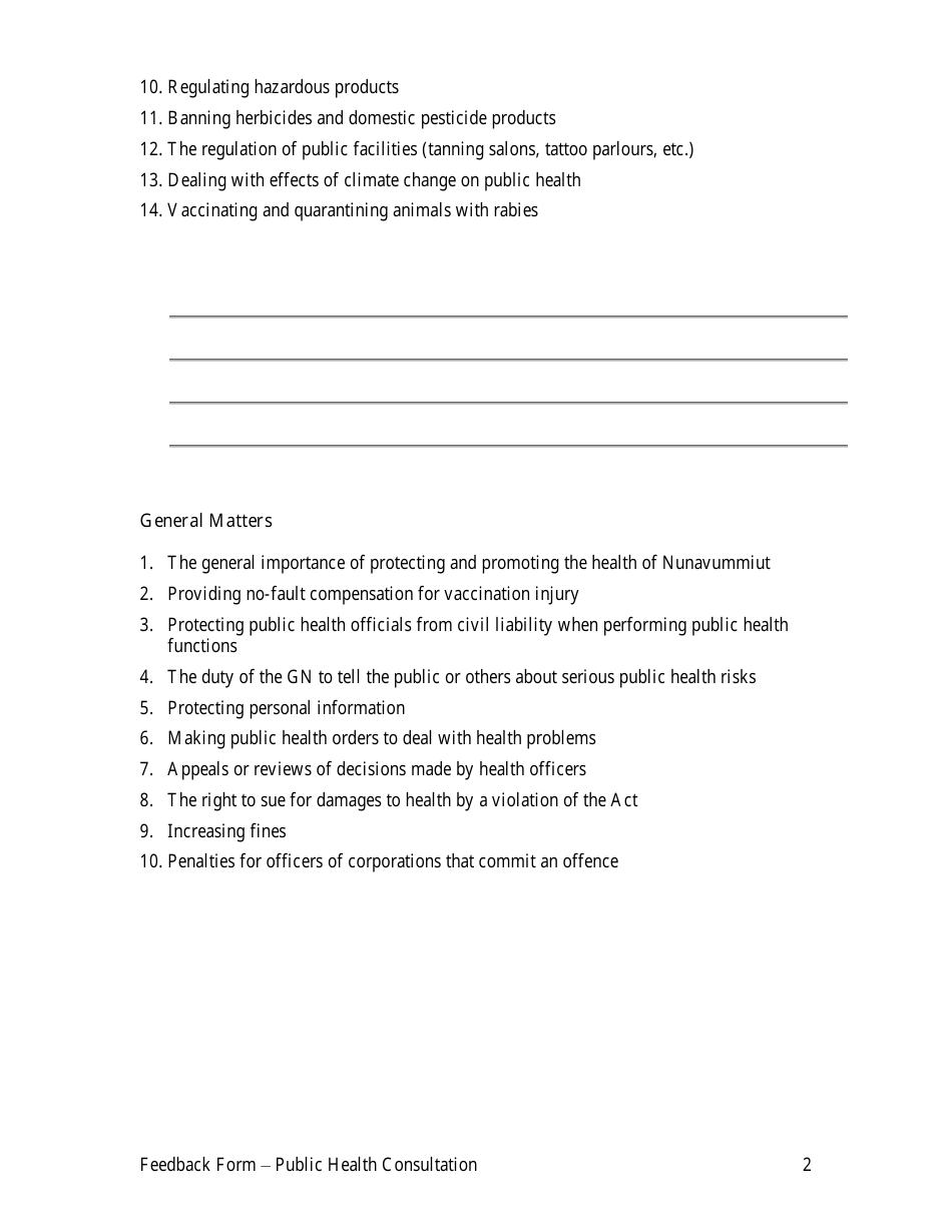 Feedback Form - Public Health Act Consultations - Nunavut, Canada, Page 2