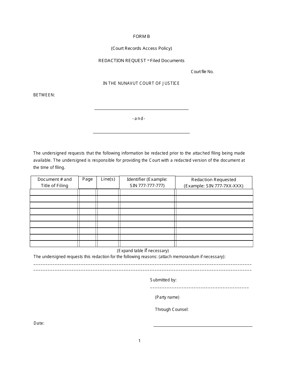 Form B Redaction Request - Filed Documents - Nunavut, Canada, Page 1