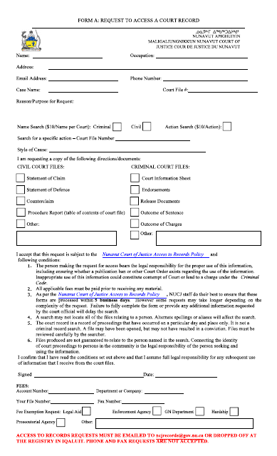 Form A Request to Access a Court Record - Nunavut, Canada